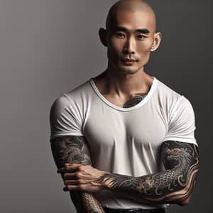 Bald Asian Man with Intricate Dragon Tattoo - Strength and Power