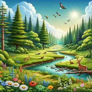 Serenity of Unspoiled Nature - Green Forest & Wildlife Illustration