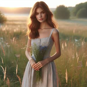 Serene Woman in Meadow at Sunrise | Nature Beauty Portrait