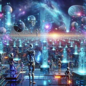 Futuristic AI Evolution: Thriving Neon Cityscape with Humanoid Robots