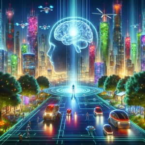 Futuristic World with AI: Towering Skyscrapers, Autonomous Vehicles & Humanoid Robots