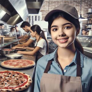 15-Year-Old Hispanic Girl at Thriving Pizzeria | Fresh Pizzas & Busy Atmosphere