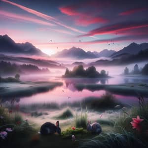 Serene Nature Landscape at Dawn: Misty Mountains & Calm Lake