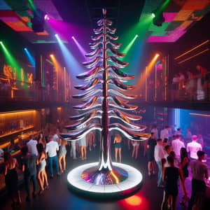 Steel Pine Tree Sculpture in Vibrant Club Setting
