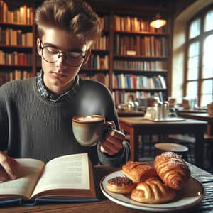 Nerdy Boy in Library Coffee: Cozy Lunchtime Tranquility
