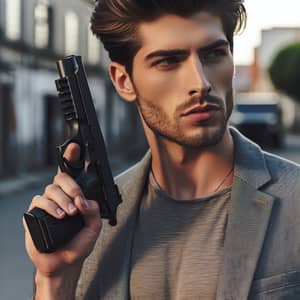 Confident Caucasian Gay Man in Casual Outfit with Modern Handgun