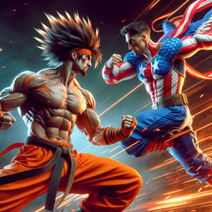 Epic Martial Arts Showdown: Spiky-Haired Warrior vs. Flying Patriot