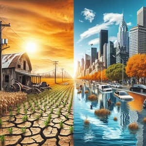 Drought-Affected Farm vs Flooded City Street - A Stark Contrast