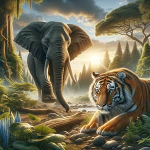 Wildlife Harmony: Elephant and Tiger Coexisting in Nature