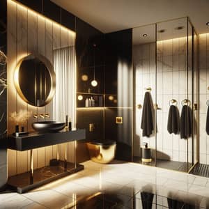 Luxurious Modern Bathroom Design with Black, Gold & White Elements