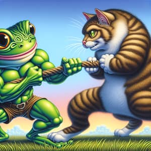 Playful Frog vs. Cat: Humorous Tug-of-War Illustration