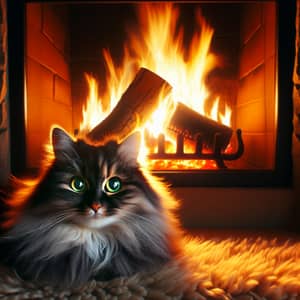 Majestic Fluffed Cat by the Crackling Fire