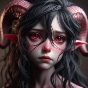 Sad Tiefling Teenager with Black Hair and Red Eyes