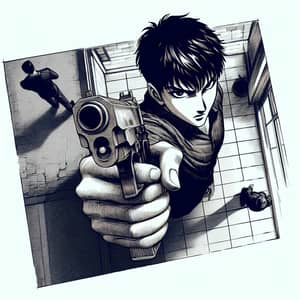 Intense Hand-Drawn Anime Scene with Male Character Holding Firearm