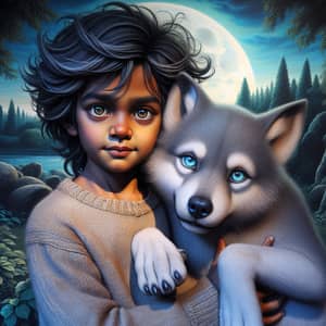 Wild South Asian Boy with Majestic Grey Wolf Pup