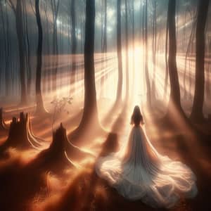 Ethereal Forest Dawn: Mystical Woman in Impressionist Style