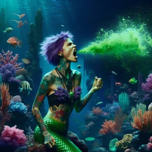 Majestic Purple-Haired Mermaid Spitting Green Liquid Underwater