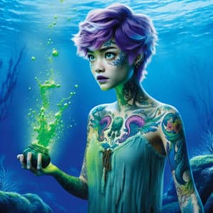 Unique Purple-Haired Mermaid Spitting Green Liquid Under Ocean Blues