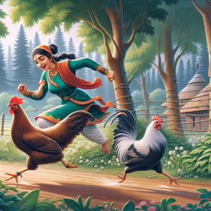 South Asian Woman Chasing Hen in Traditional Attire | Rustic Countryside Scene