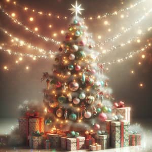 Whimsical Christmas Tree with Colorful Ornaments and Gifts