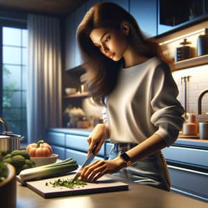 Hispanic Female Chopping Vegetables in Modern Kitchen