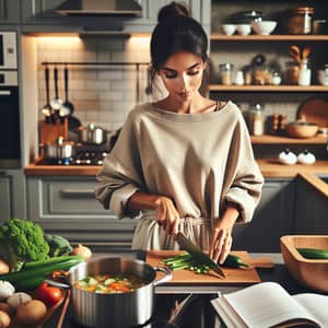 South Asian Woman Chopping Fresh Vegetables in Modern Kitchen