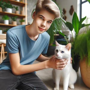 Caucasian Teen Boy with Smooth Blonde Hair Interacting with White Cat indoors