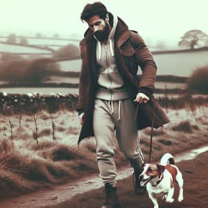 Tranquil Countryside Stroll: Man & Terrier in Vintage Charm