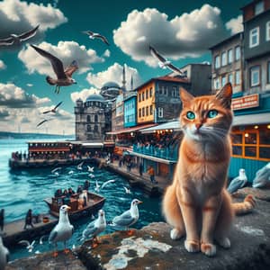 Cat in Turkey by the Bosphorus: Ginger Short-Haired Feline Enjoying the View