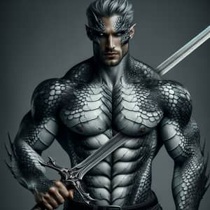 Dragonborn Barbarian Wielding Long Sword - Silver-Black Scales