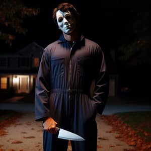 Eerie Masked Figure in Blue Jumpsuit with Kitchen Knife