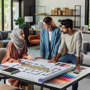 Interior Designer Presenting Blueprint to Homeowners in Stylish Office Setting