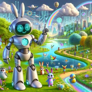 Colorful Cartoon Landscape with Nature and Futuristic Innovation