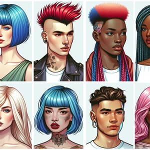 Diverse Haircut Styles & Colors: Blue Bob, Red Mohawk, Braids & More
