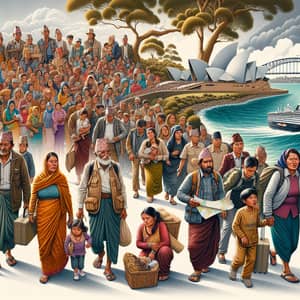 Nepalese Family Journey to Australia: Cultural Migration Illustration