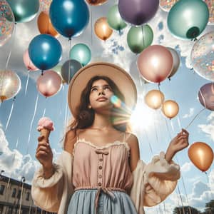 Young Hispanic Girl Surrounded by Colorful Balloons Outdoors