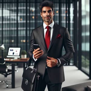 Successful South Asian Businessman in Charcoal Suit with Briefcase and Smartphone
