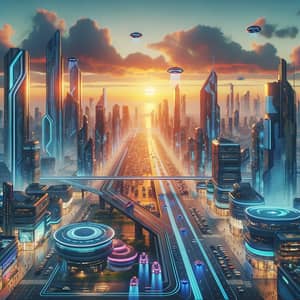 Futuristic Cityscape at Sunset: Neon Lights & Hover Cars
