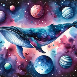 Whale Swimming Through Cosmos Watercolor Artwork