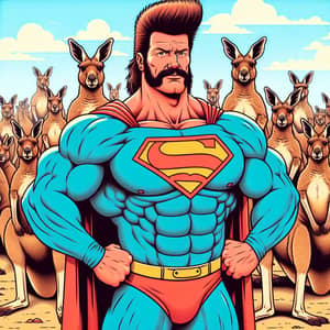 Muscle-Bound Superhero with Kangaroo Army on Sandy Beach