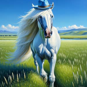 Majestic White Horse with Blue Hat strolling in Green Field