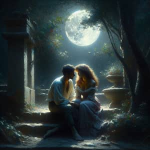 Moonlit Secret Romance: Hispanic and African Descent Lovers in Enchanting Garden