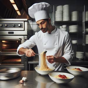Hispanic Male Chef Prepares Spaghetti in Commercial Kitchen