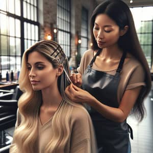 Expert South Asian Hairstylist Applying Tape Hair Extensions in Modern Salon