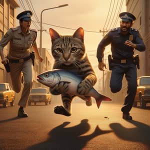 Urban Cat Chase Scene: Animated Tabby Cat Stealing Fish