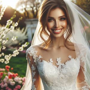 Ethereal Caucasian Bride in White Wedding Gown | Garden Setting