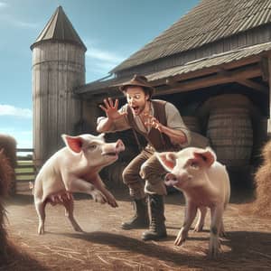 Playful Interaction: Farmer and Pigs in Rustic Farm Scene