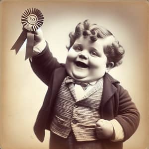 Vintage Small Chubby Man Winning Ribbon | Proud Early 20th Century Champion