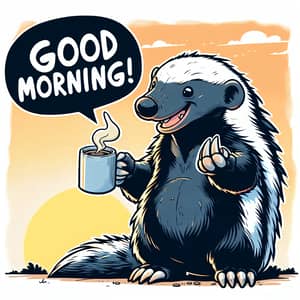 Cheerful Honey Badger Welcomes with 'Good Morning' Coffee | Comics