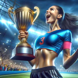 Hispanic Female Soccer Player Celebrating Victory with Trophy